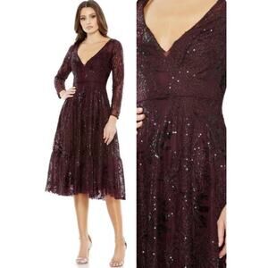 MAC DUGGAL Size 4 Embroidered Sequin Midi Lace Evening Dress V-Neck 68001 NWT
